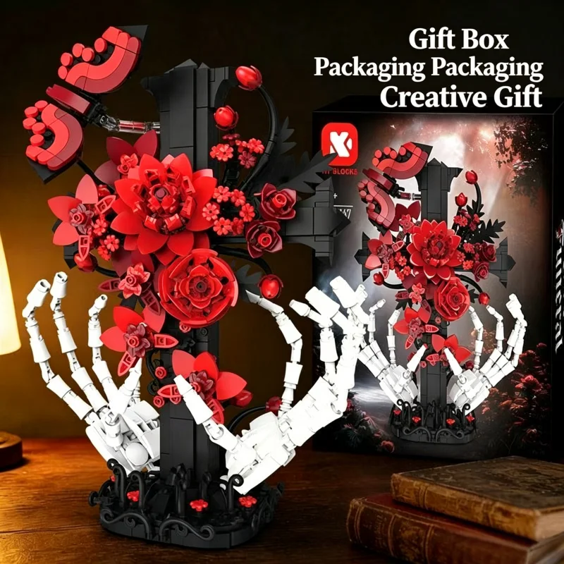 

Red Rose & Skeleton Hands Building Blocks, Gothic Funeral Style Bricks Set with Movable Joints, DIY Assembly Toy, Dark Aesthetic
