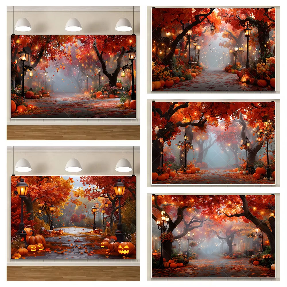 

Осенний фон для фотосъемки тыква кленовые листья уличный фонарь детский День благодарения день рождения урожай вечерние фон для фотосессии