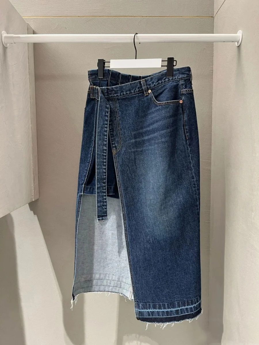 

FOG SACAI 2024 Spring Summer Versatile A-Line Midi Denim Skirt High Waist Splice Asymmetrical Hemline Cotton Blend Skirts