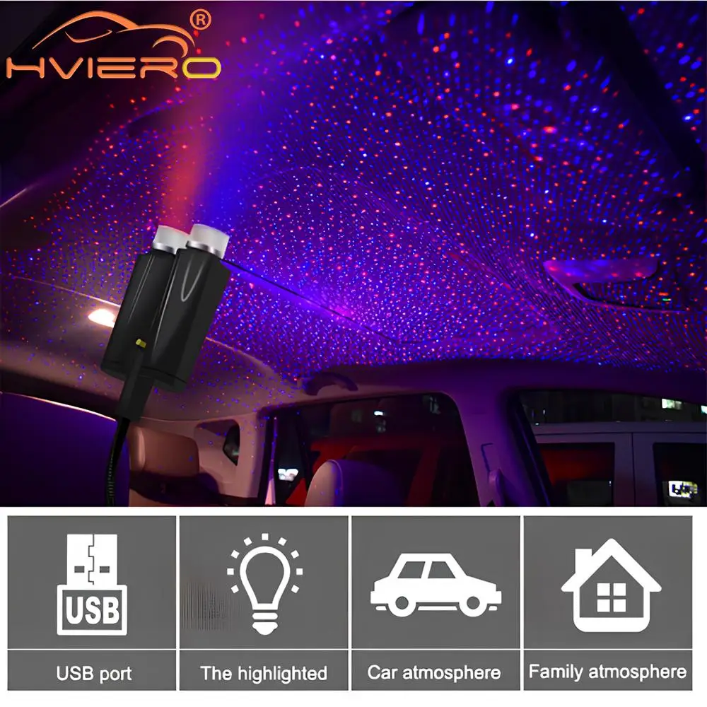 Car Roof Star Lights Interior USB Mini LED Starry Sky Projector Auto Lamp Decoration Night Galaxy Laser Home Atmosphere Lantern