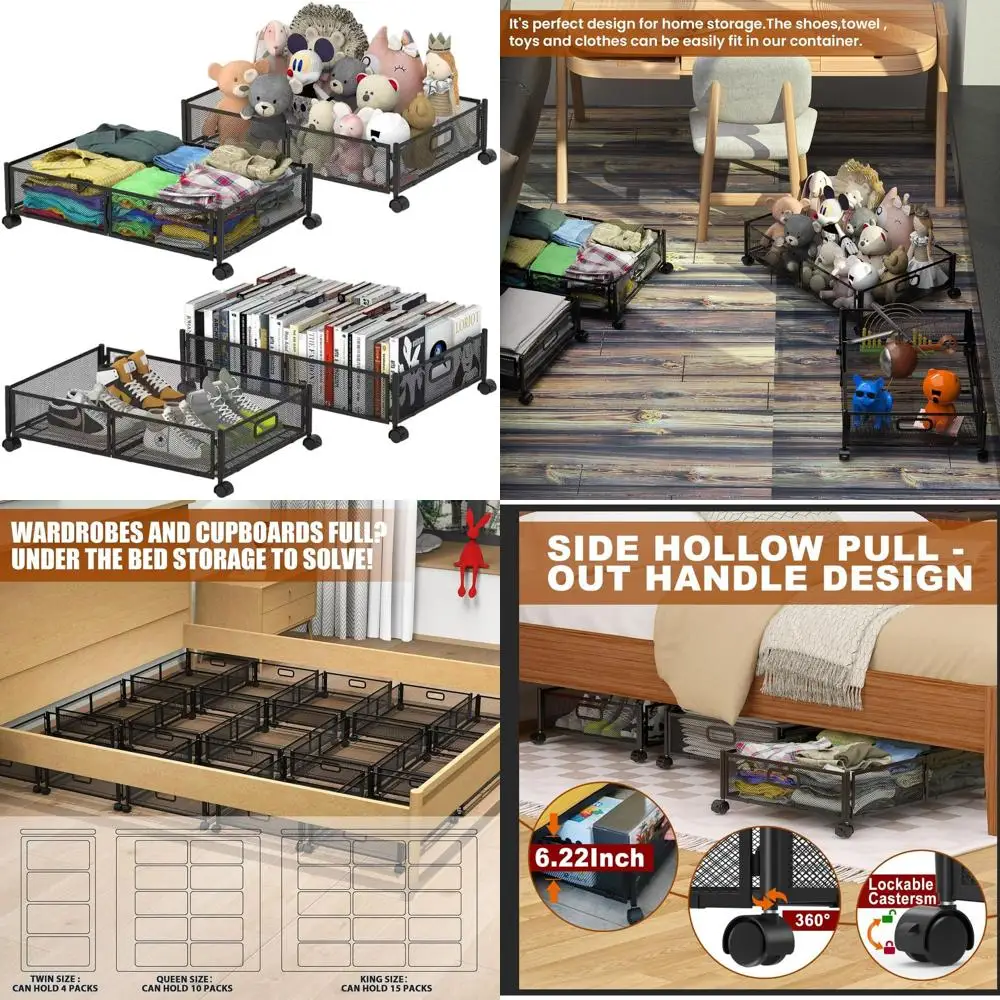 

Набор из 4 складных коробок для хранения под кроватью с ручками и колесиками для обуви, одежды и игрушек - черный