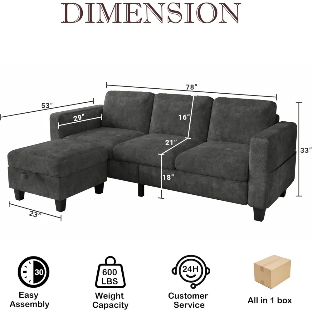 Couch for Living Room - Small Space Couches Sectional L-Shaped Sofa, 3 Seat Modern Couch, Sofas Convertible with Storage Ottoman