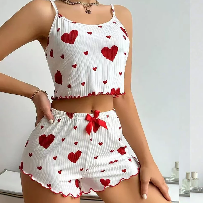 

Women’s 2PCS Summer New Women's Pajama Set Breathable Soft Casual Love Printed Design Sweet Home Strap Shorts Pajamas Homeswear