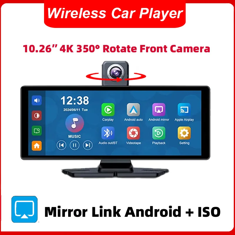 10.26 Inch Car Multimedia Universal Player 350° Front Rotating Lens Touchscreen Wireless Mirrorlink Android+ISO Loop Video AUX