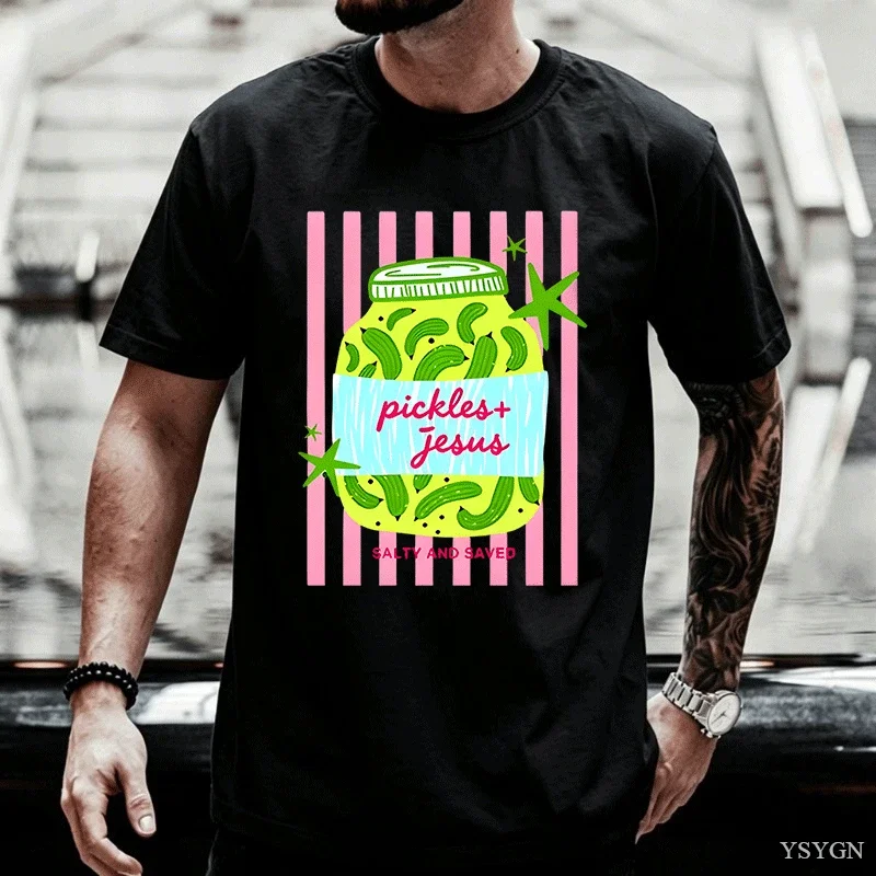 Pickles and Jesus Graphic Print T-Shirt Men Women Causal Salty and Saved Christian Tee Faith and Pickle Lover Tshirts Religious