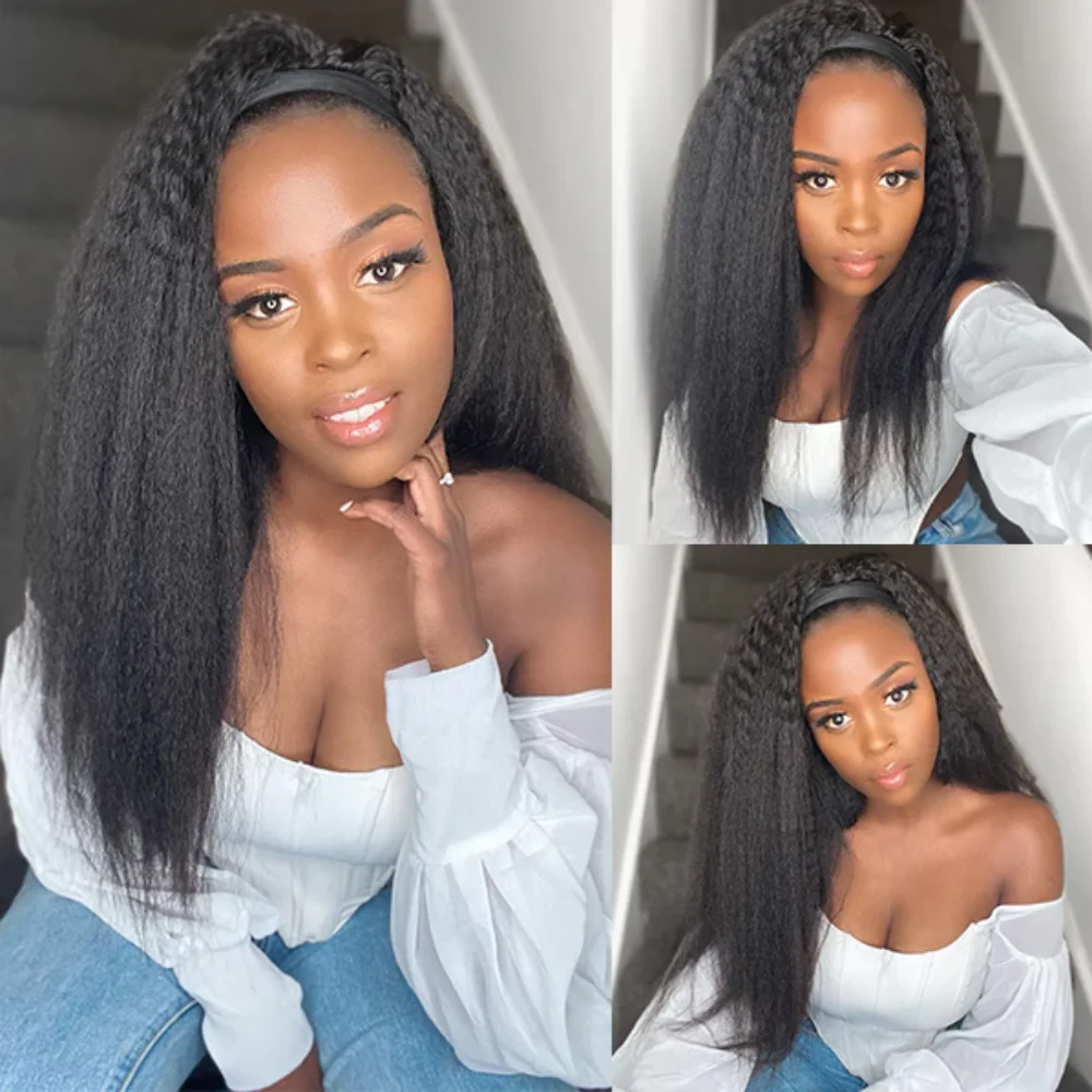 Kinky Straight Headband Wig Human Hair Yaki Headband Wig Full Machine Made Wigs  Yaki Natural Color Brazilian Remy Hair Wig 180%
