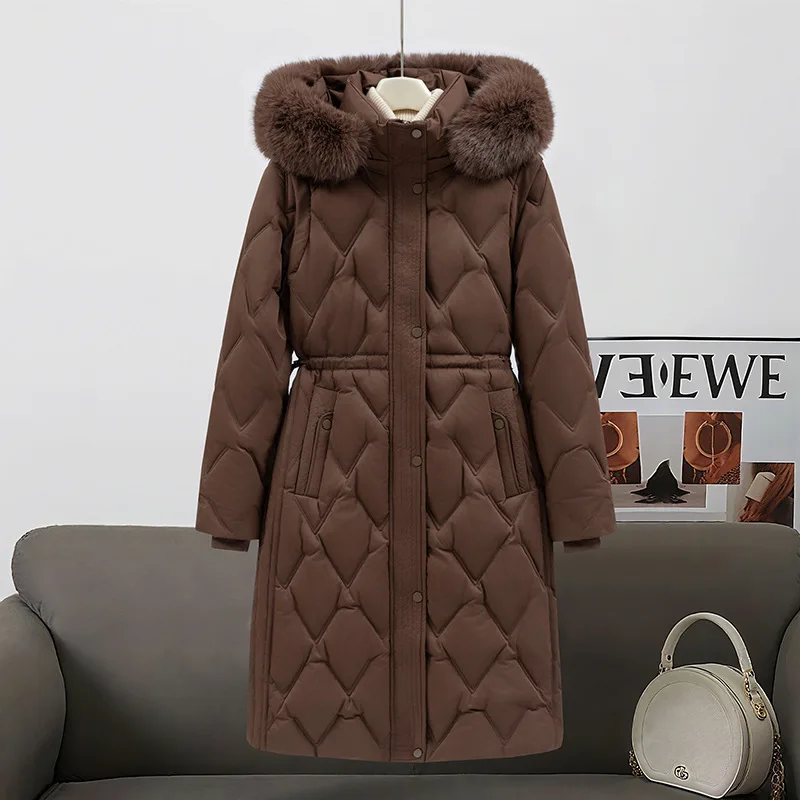 Großer Pelzkragen mit Kapuze, abnehmbares Fell, mittellanger, mit Baumwolle gefütterter Daunenmantel für Damen, Winter, verdickt, warm, winddicht, mit Baumwolle gefüttert