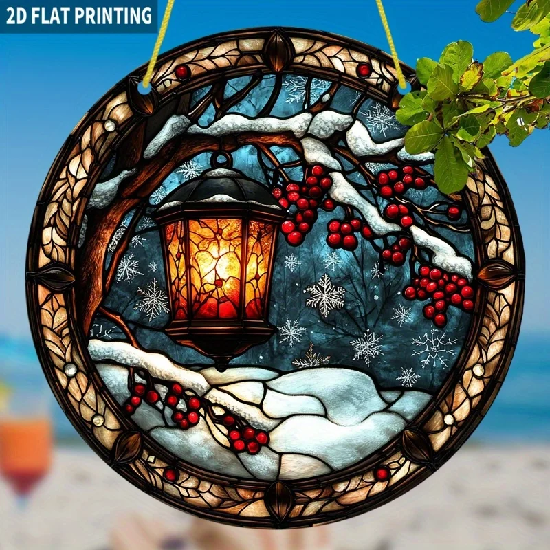 2D Flach, 1 Stück Winter-Laterne Sonnenfänger - 19,99x19,99 cm Runde Acryl Schneeweiße Waldlandschaft mit Roten Beeren, Wandmontierte Feiertagsdekoration
