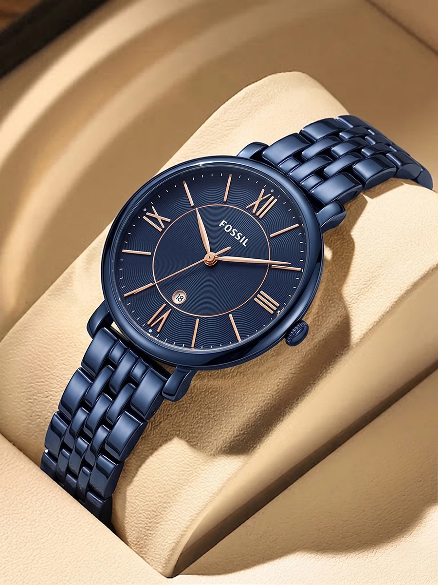 Reloj de cuarzo para mujer Fossil ES4094 Jacqueline, correa de acero inoxidable azul marino, detalles en oro rosa, reloj de pulsera minimalista y elegante para mujer