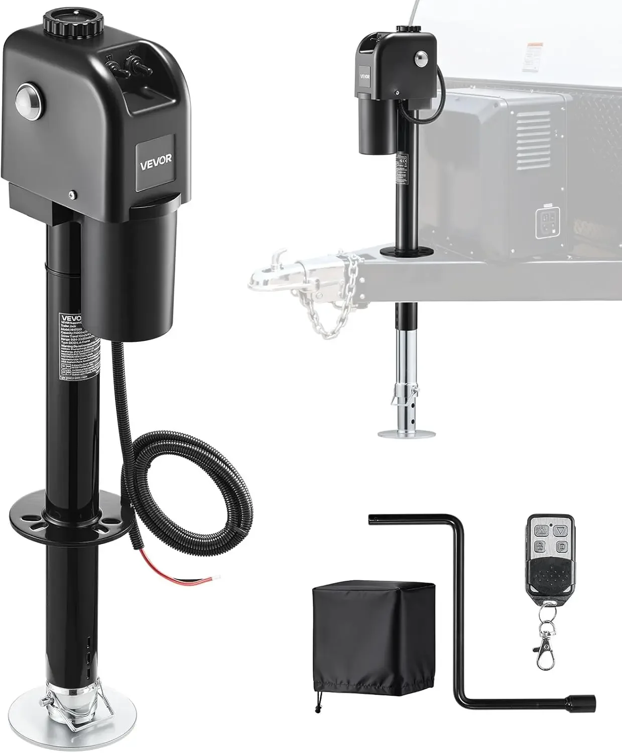 Electric Trailer Jack, 7500 lbs Capacity, Electric Power Tongue Jack with Waterproof Protective Cover & LED Light for Travel Tra