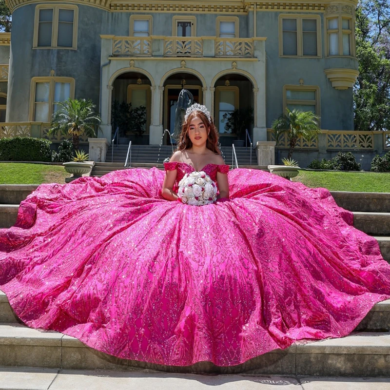 Rose Red Sparkle Ball Gown Sweet 16 Dress Quinceanera Dresses Beads Crystal Tulle 2024 Party Birthday Vestido De 15 Anos