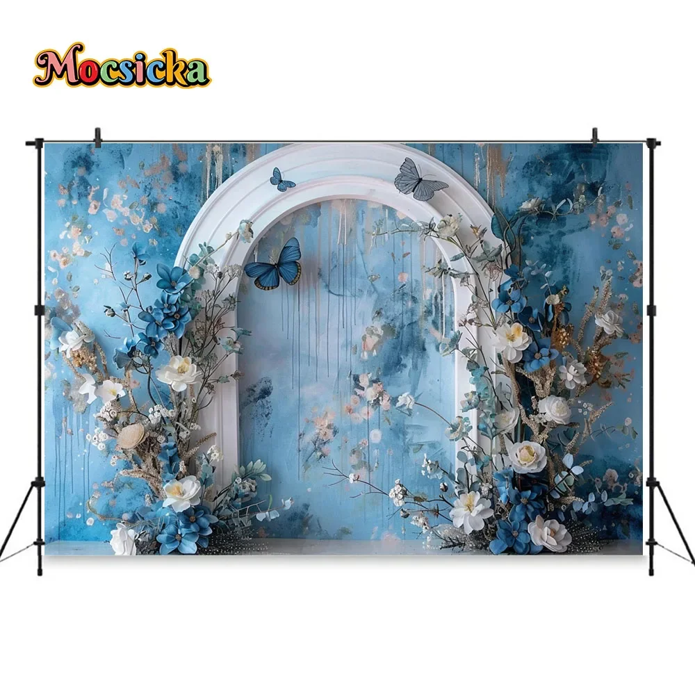 Студийная фотография искусственная для беременных винтажная Арка Дверь Цветочная бабочка синий фон стенд для невесты шоу свадебное фото