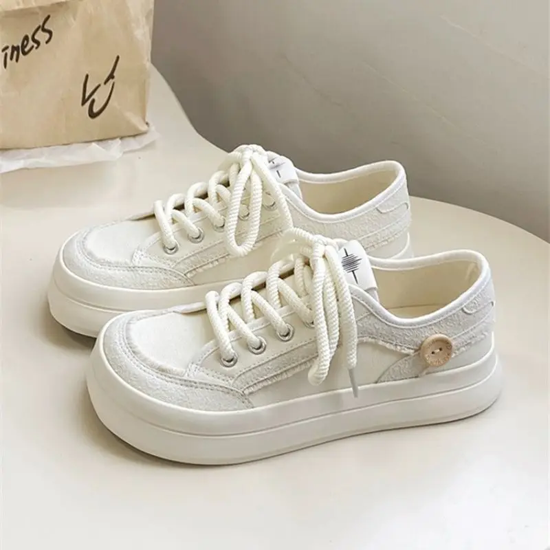 

Fluffy Cute Thick Sole White Canvas Sneakers for Women 2025 Spring Summer Breathable Casual Platform Loafers​