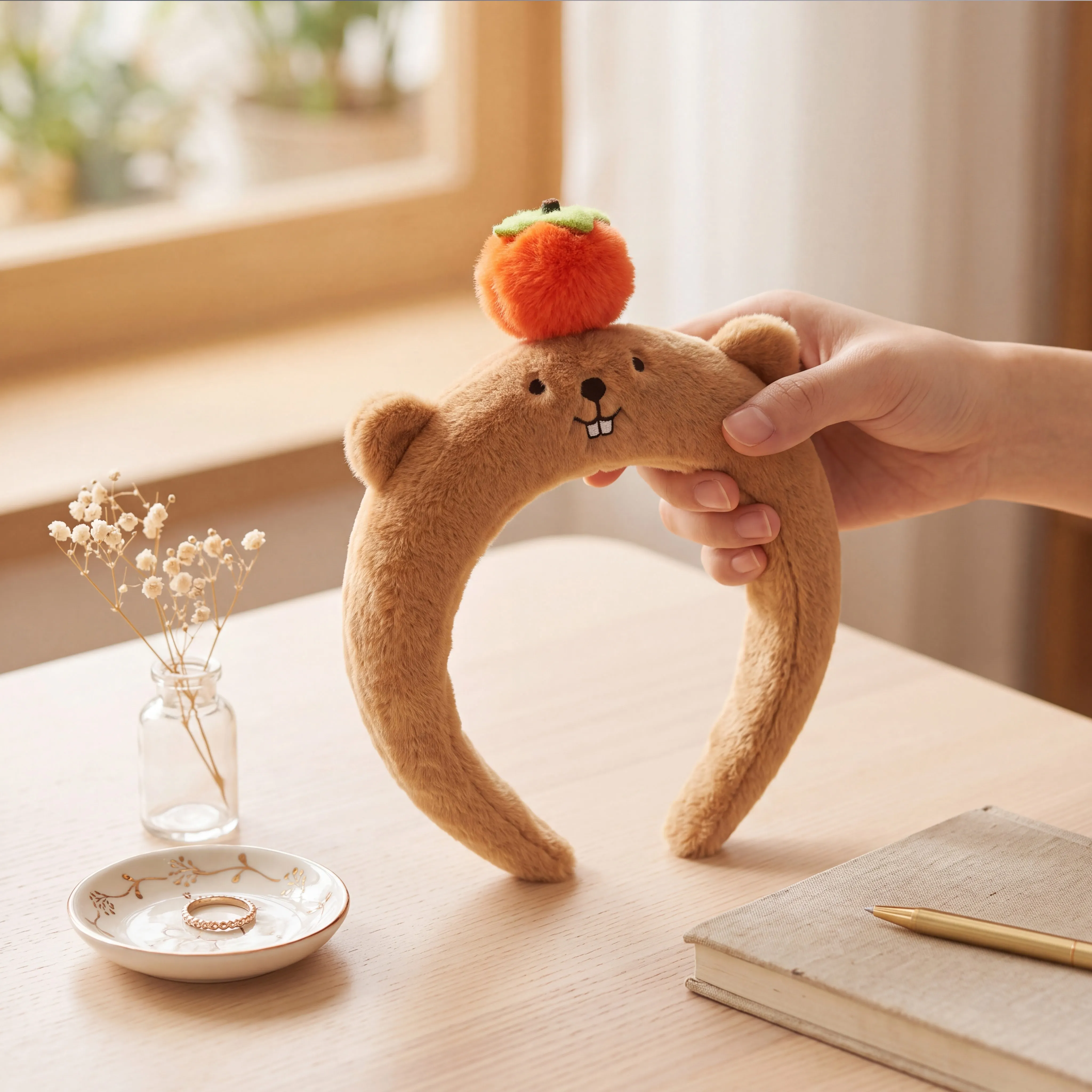 Cute Capybara Headband With Tomato Decor Fluffy Plush Hairband Women Washing Face Spa Makeup Cartoon Hair Hoop Girls Hair Access