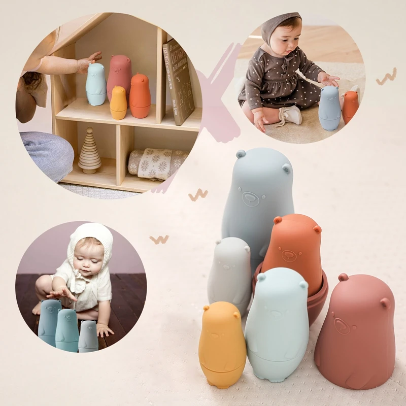 Baby Toy Silicone Matryoshka Doll Game Montessori Toys For Babies Cartoon Bear Teether BPA Free Baby Room Decoration Baby‘s Gift