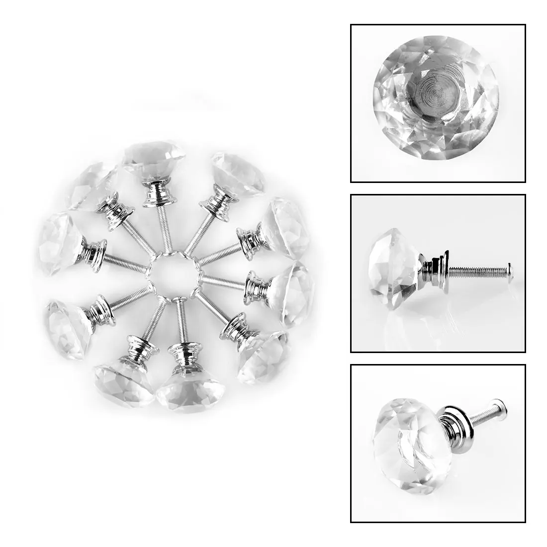 10pcs Diamond Shape Crystal Glass 30mm Kitchen Cabinet Door Drawer Knob Cupboard Dresser Wardrobe Pull Handle with Screws, Clear