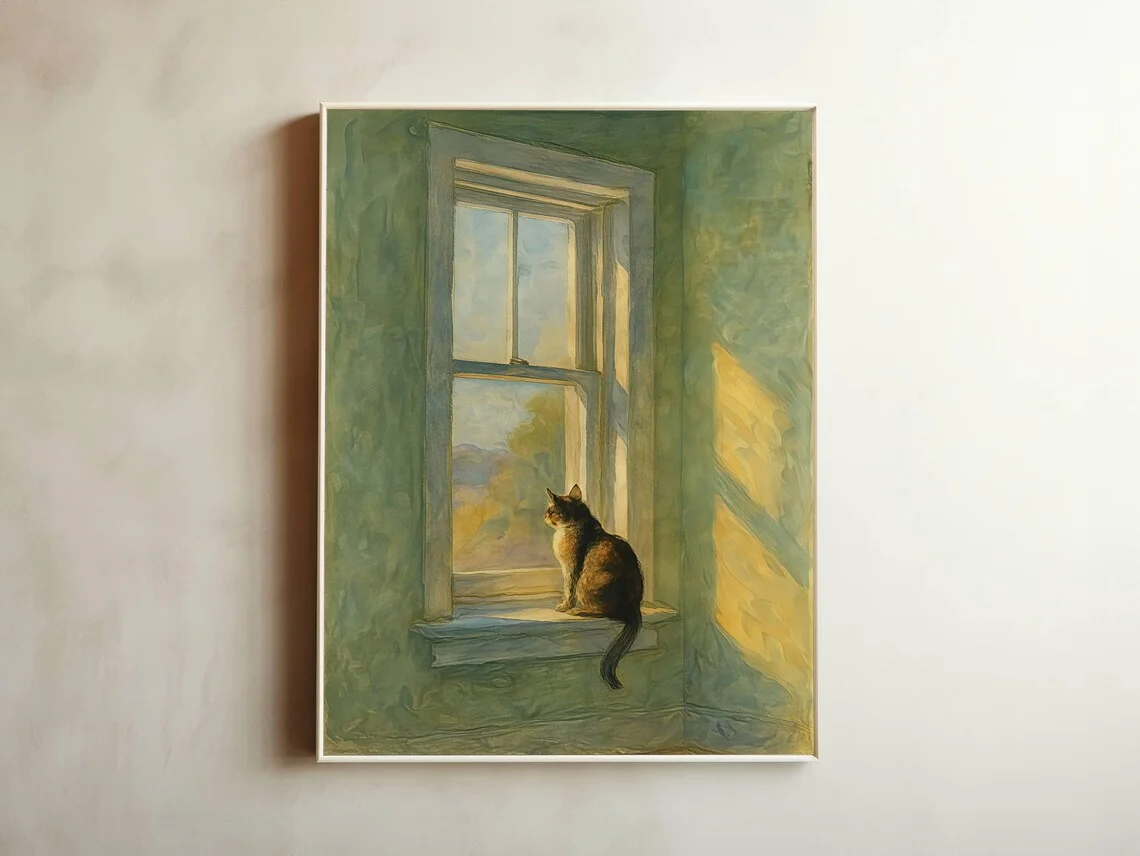 Golden Hour Window Cat Wall Art - Dreamy Watercolor Print of a Cat on a Windowsill, with Soft Light and Pastel Hues, Calming