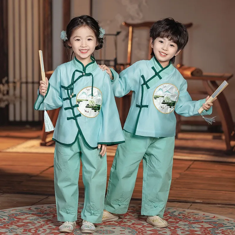 Chinesische alte traditionelle Tang Anzug Hanfu Set niedlichen Jungen und Mädchen Schüler Schuluniform neue Kinder Volkstanz Performance-Kleidung