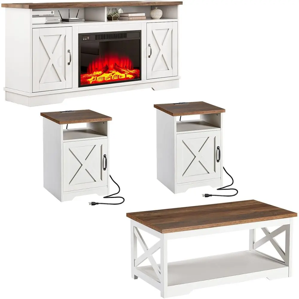 

Rustic Oak & White 5-Piece Farmhouse Dining Set with 63 TV Stand, 26 Fireplace, 40 Coffee Table, 2 Charging End Tables