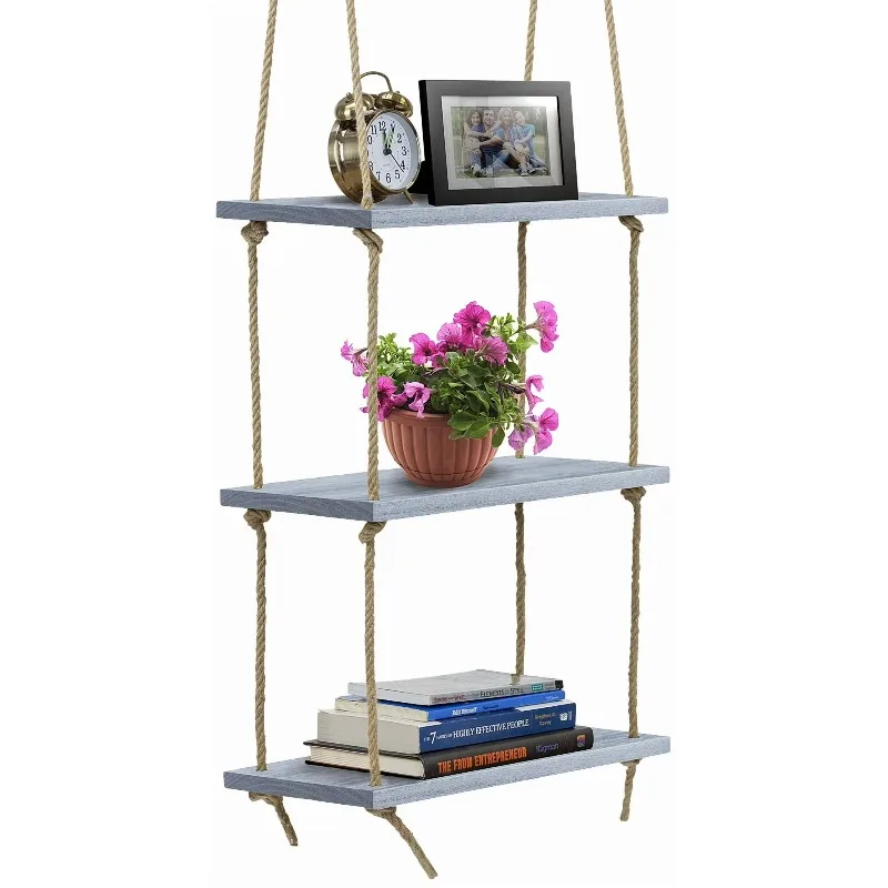 

3 Hanging Floating Shelves Length 16.5-inch Rustic Wood Rope Floating Shelf Set - Grey