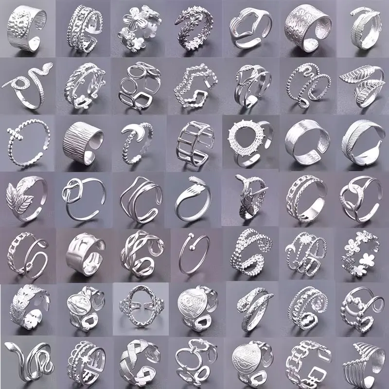 

5pcs/Lot Fashionable Silver Color Moon Heart-Shaped Snake Geometric Jewelry Wide Ring Open Adjustable Stainless Steel Ring Gift