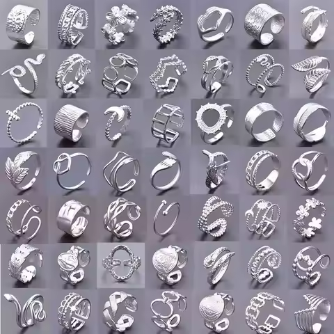 5pcs/Lot Fashionable Silver Color Moon Heart-Shaped Snake Geometric Jewelry Wide Ring Open Adjustable Stainless Steel Ring Gift