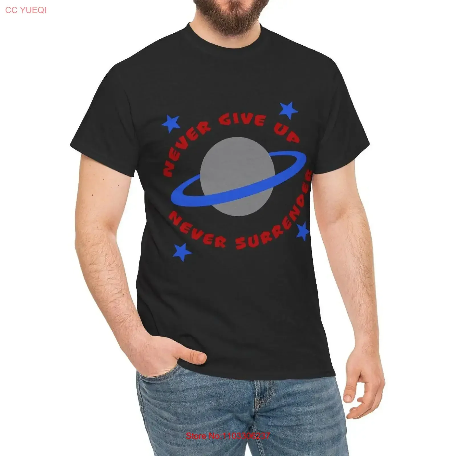 Never Give Up Tee Camiseta masculina Galaxy Quest Camiseta com citação engraçada Gráfico de ficção científica Vestuário inspirador Top motivacional para o dia dos pais
