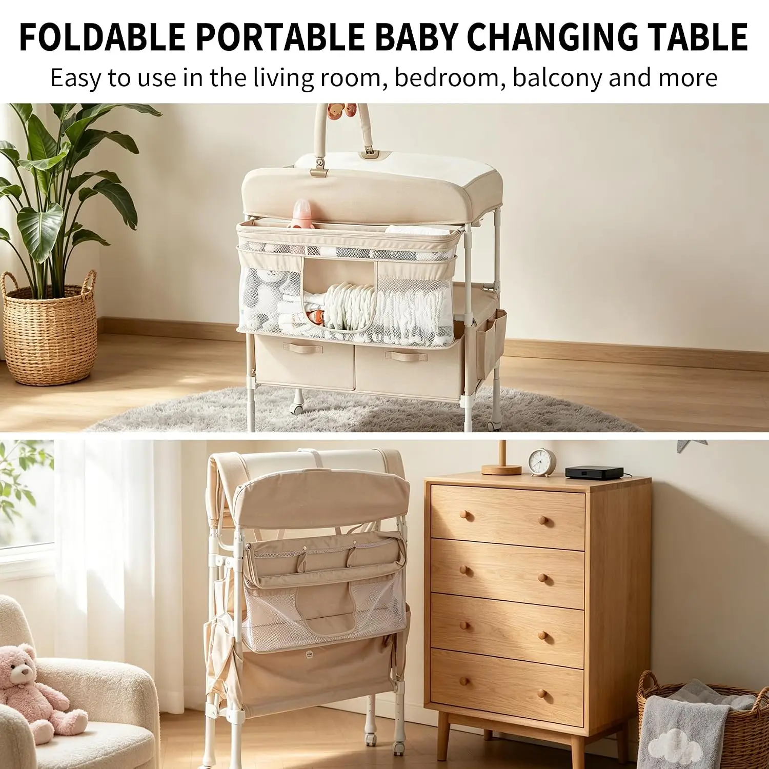 Portable Baby Changing Table with Wheels for Nursery Foldable Diaper Table with Adjustable Height Drying Rack Large Storage Organizer and 2 Drawers for Easy Travel. ﻿
