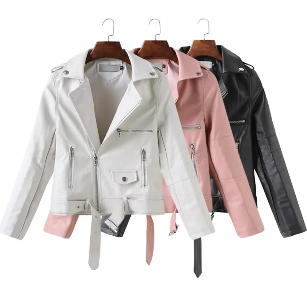 Otoño mujer PU chaqueta de cuero abrigo solapa manga completa cremallera frontal Slim Fit prendas de vestir exteriores cortas blanco negro rosa