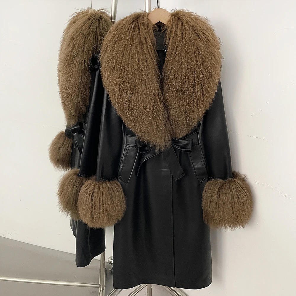 

Women's Natural Fur Coat PU Women's Jackets Mongolia Sheep Fur Women's Winter Jacket with Real Fur Warm Real Fur Coats for Woman