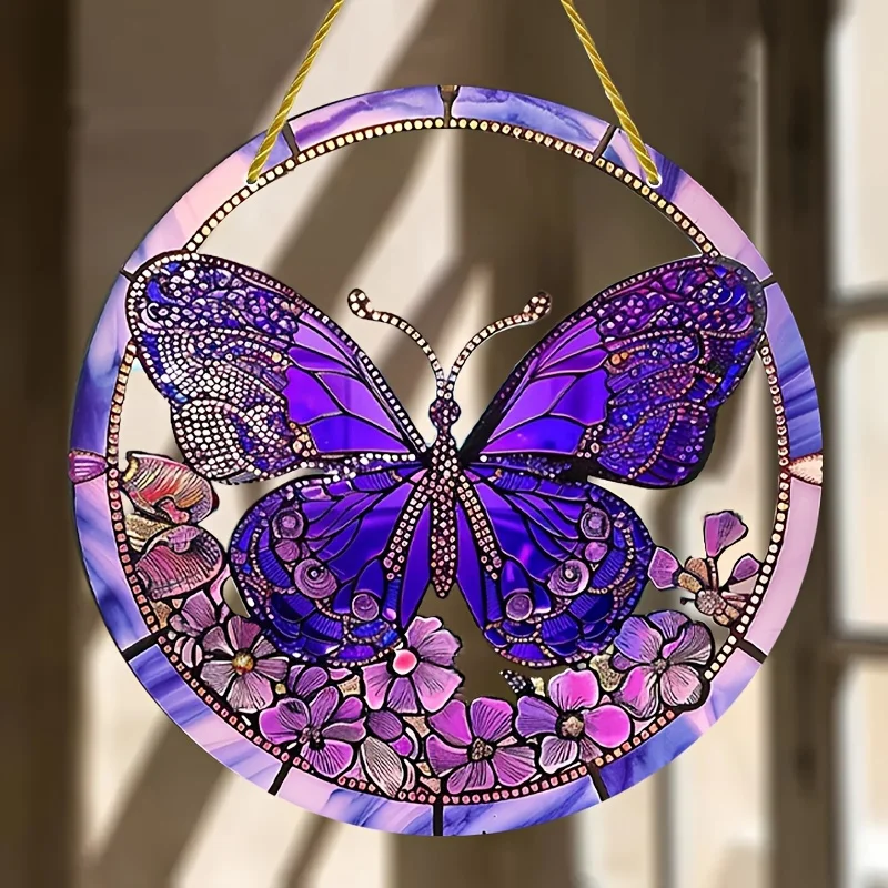 Purple Fantasy Butterfly,Sun Catcher,Stained Glass Appearance Sign,Round Wreath Sign,Window Hanging,Acrylic Wall Decoration