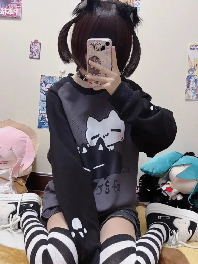 Contrast Kawaii Cartoon Print Sweatshirt Women Patchwork Sweet Cute Japanese Hoodies Grunge Sudaderas Y2k Aesthetic Moletom Tops