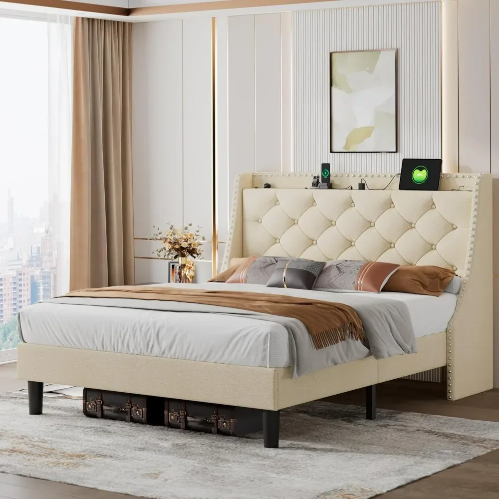 King bedstead, 16 inch wing back and charging station, headboard with button storage, solid wood Flat noodles support, beige