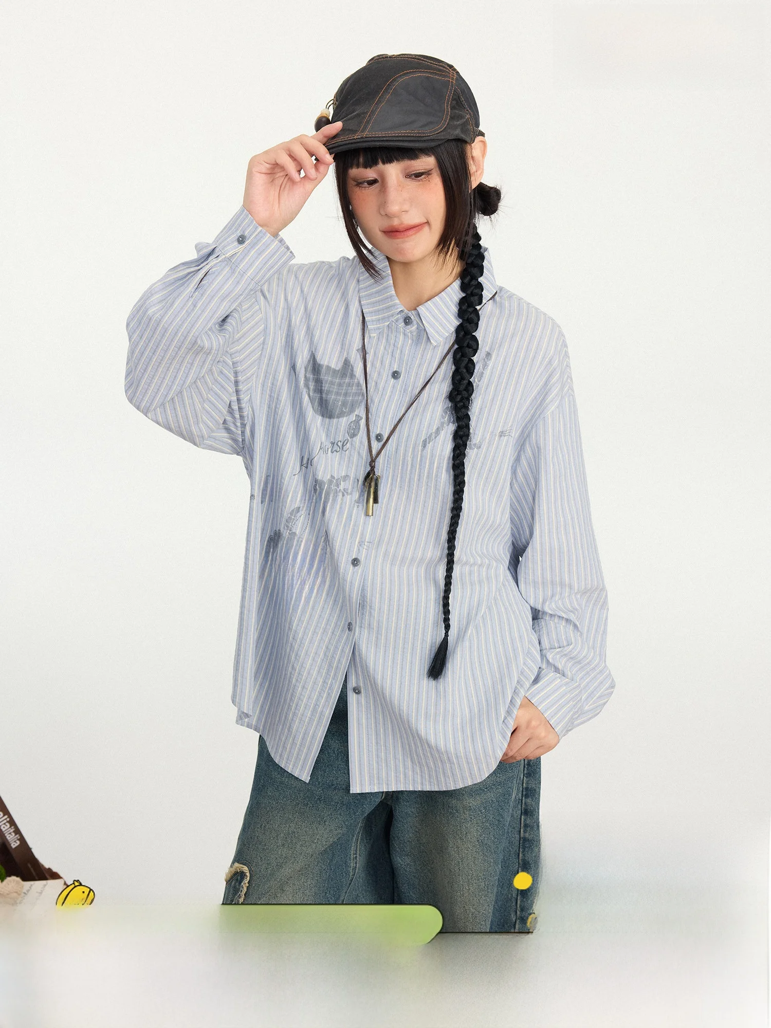 

Retro Fre Simple Love Синие Белые Полосы Свободные Женские универсальные Повседневные Дышащие Длинные Свеки Полиэстер Хлопок B...