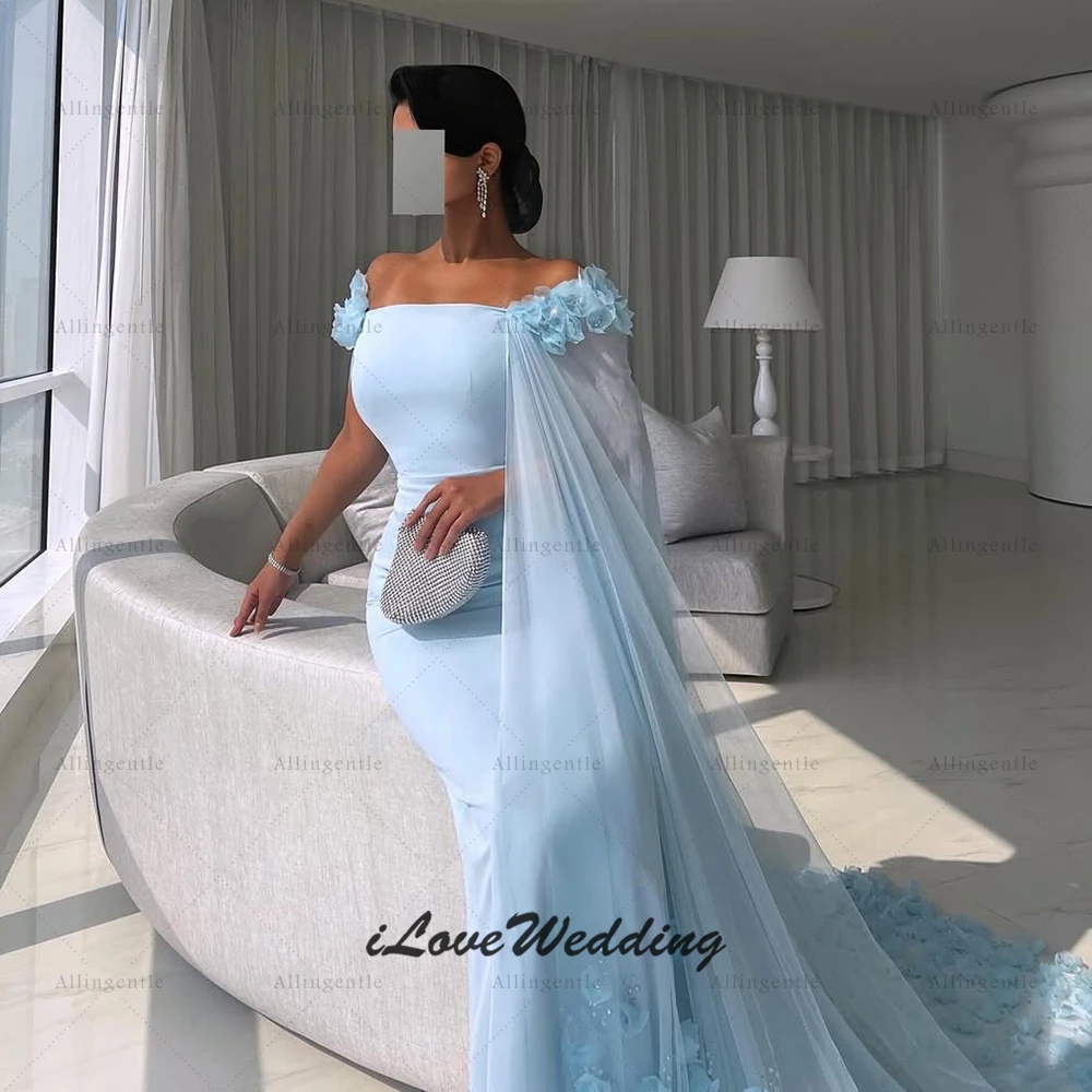 Sky Blue Arabic Evening Dresses 3D Flowers Sweep Train Mermaid Long Prom Dress Vestidos De Noches Wedding Party Gowns Customized