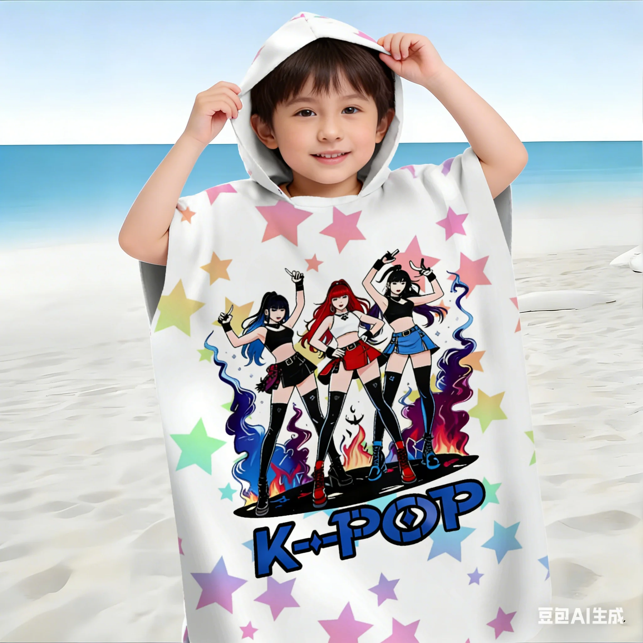 1 Stück K-POP Strandtuch mit Kapuze, bunter Stern-Print, schnell trocknendes Mikrofaser-Badetuch für Schwimmbad und Bad