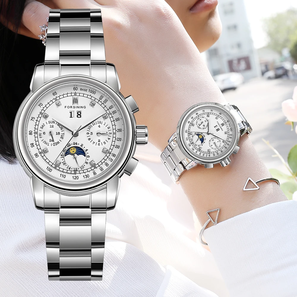 

Forsining Moon Phase Dial Design Luxury Stainless Steel Women's Mechanical Watch Multifunction Waterproof Tourbillion Wristwatch