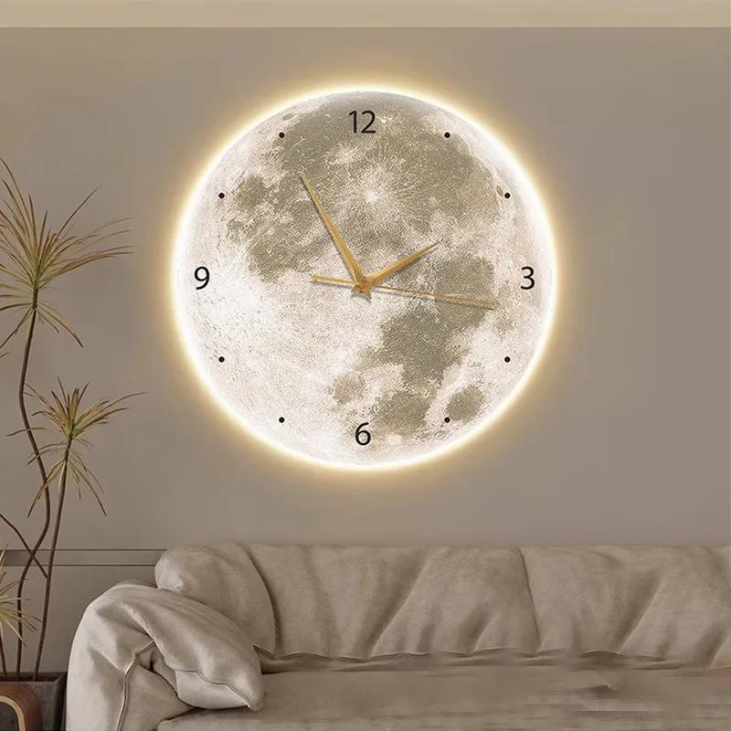 Moon Clock Living Room Clock Decorative Wall Lamp Bedroom Creative Clock Silent Luxury Mural Wall Light with LED