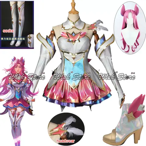 Jogo lol estrela guardião kaisa cosplay traje peruca conjunto completo saias meias pena cocar festa de halloween cos acessórios