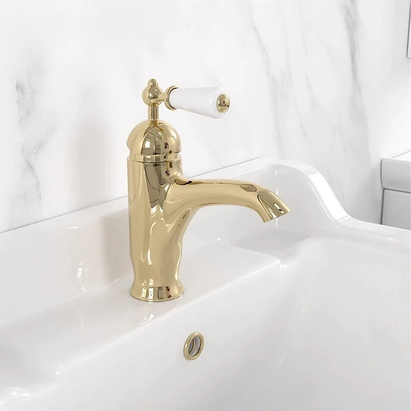 

Ретро золотой смеситель для умывальника с одним отверстием, медный смеситель для ванной комнаты, смеситель для горячей и холодной воды, керамический умывальник