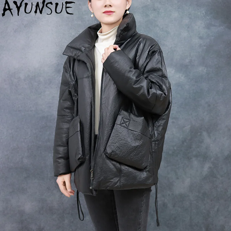 سترة نسائية من الجلد الطبيعي من AYUNSUE ملابس شتوية 2025 معطف متوسط الطول من جلد الغنم للنساء فضفاض مناسب Jaqueta Couro