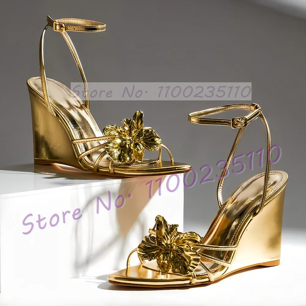 Golden Flower Decal Wedges Sandals Women Sexy Gold Mirror Leather Shiny Evening Shoes Luxury Ankle Strap Chic Round Toe Sandals