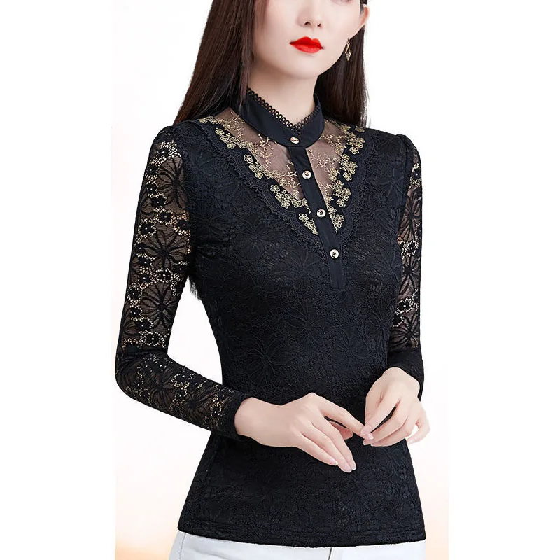 

2023 New Autumn and Winter Fashion High End Standing Neck Lace Button Long Sleeve Temperament Commuter Fit Underlay Shirt Women