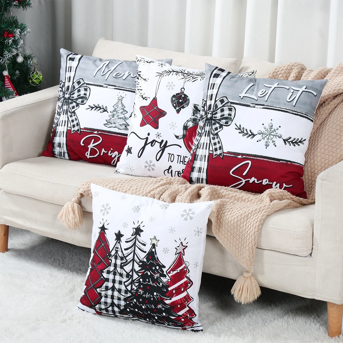 Christmas Peach Skin Pillowcase Christmas Decorations for Home 2024 Xmas Tree Pillow Cover Ornaments Navidad Natal New Year 2025