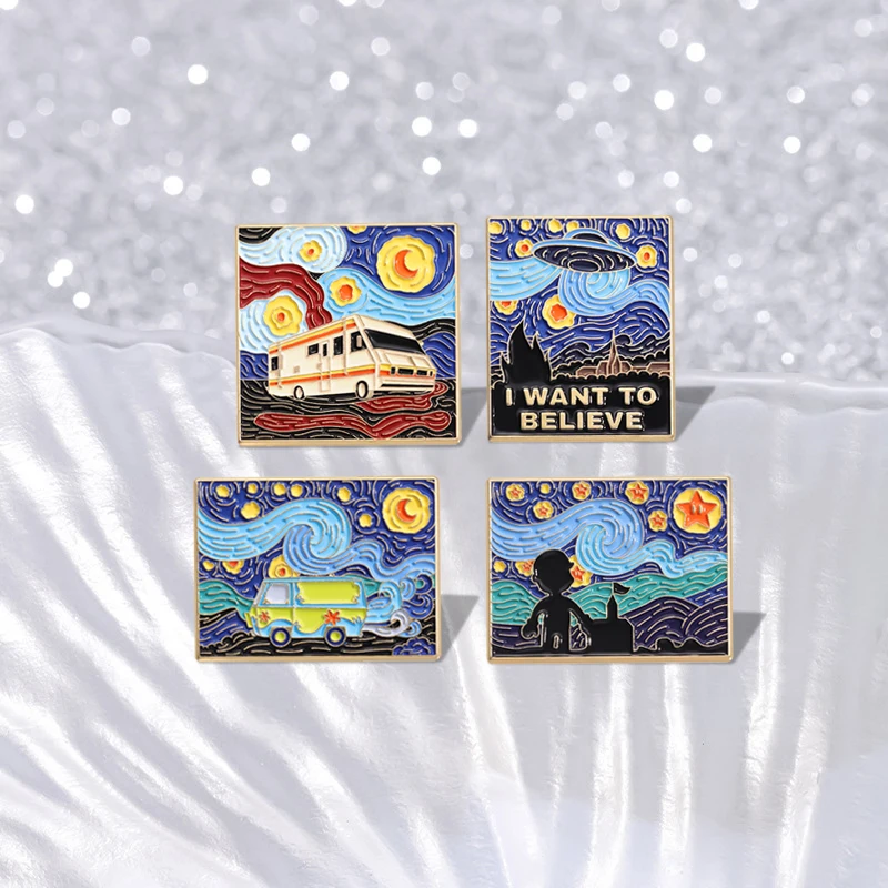 Night Sky Oil Painting Enamel Pins Custom I Want To Believe Brooches Lapel Badges Funny Jewelry Gift for Friends