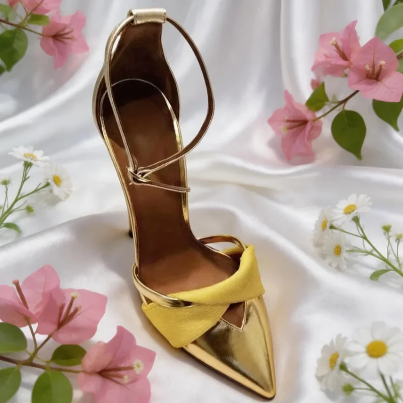 

Gold Yellow Buckle Strap Pointed Toe Sandals Women Patchwork Hollow Thin Heel Pumps Sexy Fashion Party Dress Lady Shoe New Style