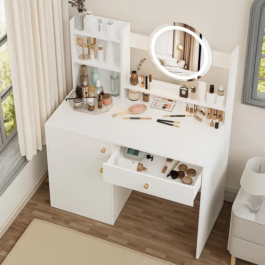 Vanity Desk with Mirror and Lights, Makeup Vanity Table Set with 3 Storage interspace, Small Dressing Table with LED Ambient