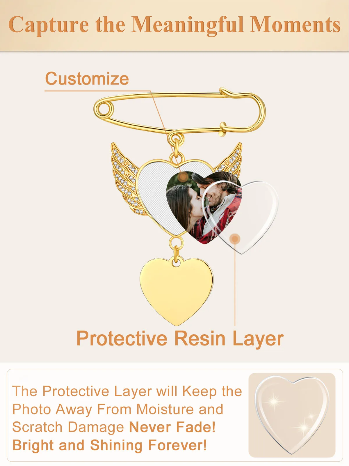 U7 buquê de casamento personalizado, broches fotográficos a +++ cz, asas de anjo, coração e foto redonda, pingente de texto, pino funerário, joia memorial, presente