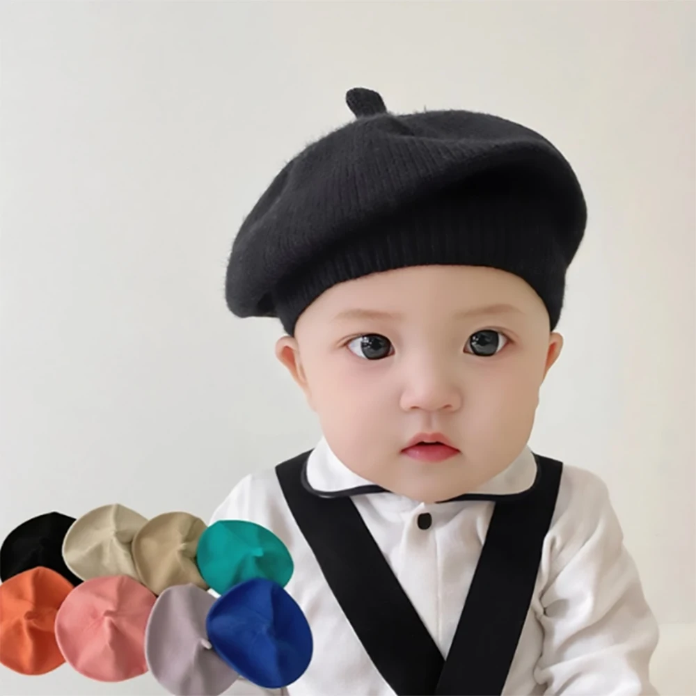 

Vintage Solid Color Infant Baby Beret Hat Knitted Caps Warm Casual Toddlers Hat for Spring And Fall