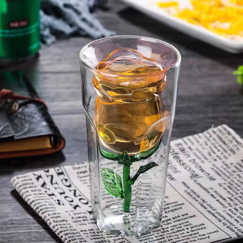 Creative Rose Glass Inner Tank Water Mug Red Wine Glass Girls High-value Milk Juice Anti-scald